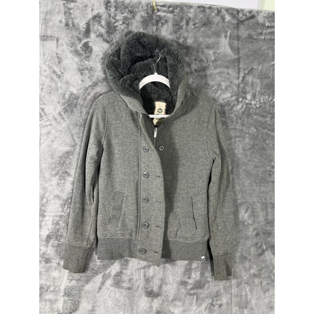 Roxy Women's Zip/Button Gray Quilted Coat/Hoodie Size Medium Dark Wash